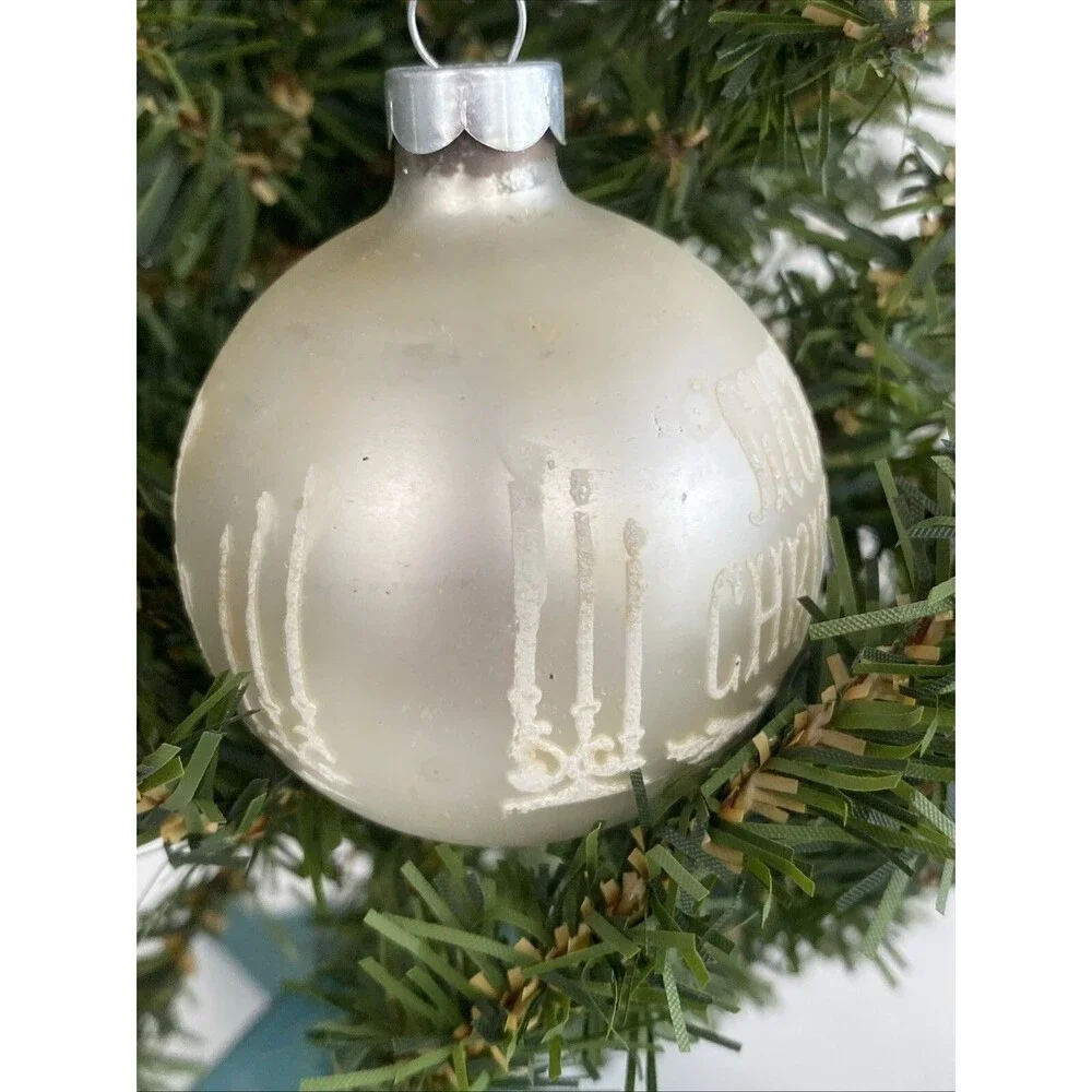 Vintage White Made USA MERRY CHRISTMAS Mica Stenciled Ball Ornament Holiday